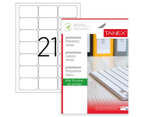 Tanex TW-2021 A4 Lazer Etiket 63,5x38,1 mm | 21'li 100 Sayfa