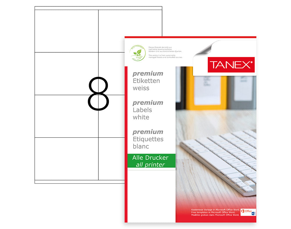 Tanex TW-2408 A4 Lazer Etiket 105x72 mm | 8'li 100 Sayfa