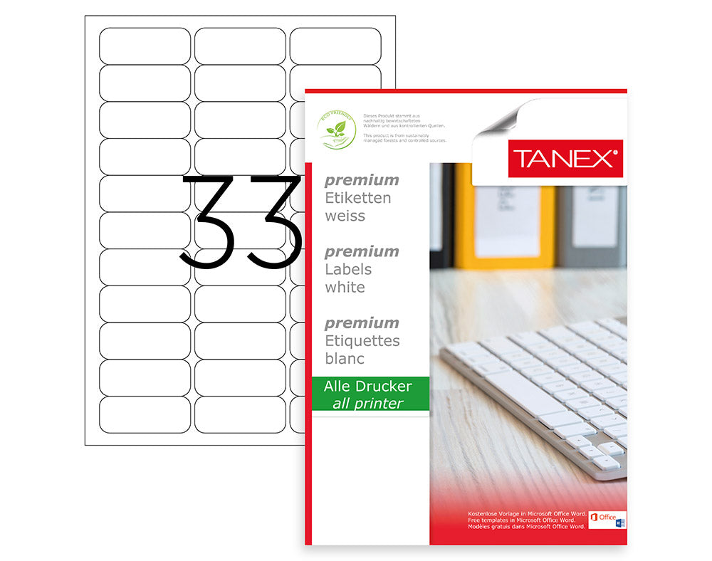 Tanex TW-2033 A4 Lazer Etiket 63,5x25,4 mm | 33'lü 100 Sayfa