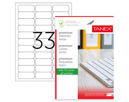 Tanex TW-2033 A4 Lazer Etiket 63,5x25,4 mm | 33'lü 100 Sayfa