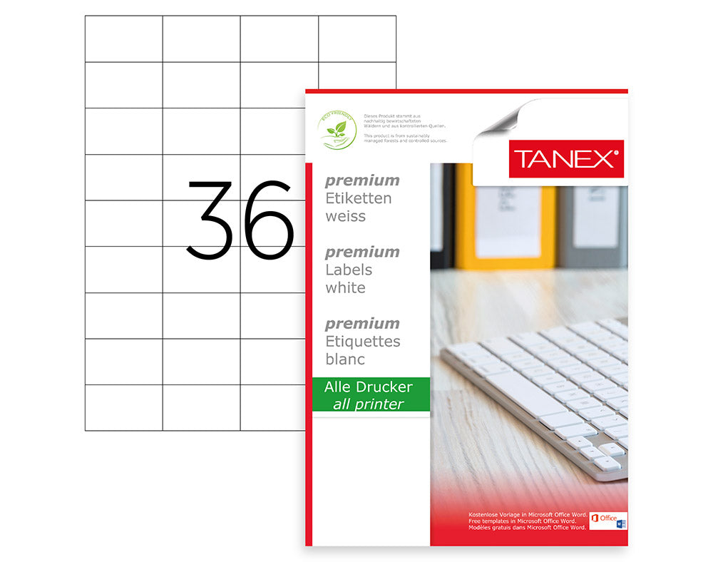 Tanex TW-2035 A4 Lazer Etiket 52,5x33 mm | 36'lı 100 Sayfa