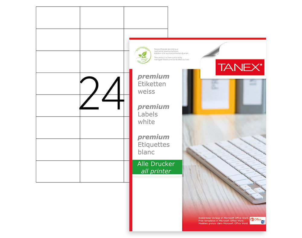 Tanex TW-2037 A4 Lazer Etiket 70x37,125 mm | 24'lü 100 Sayfa