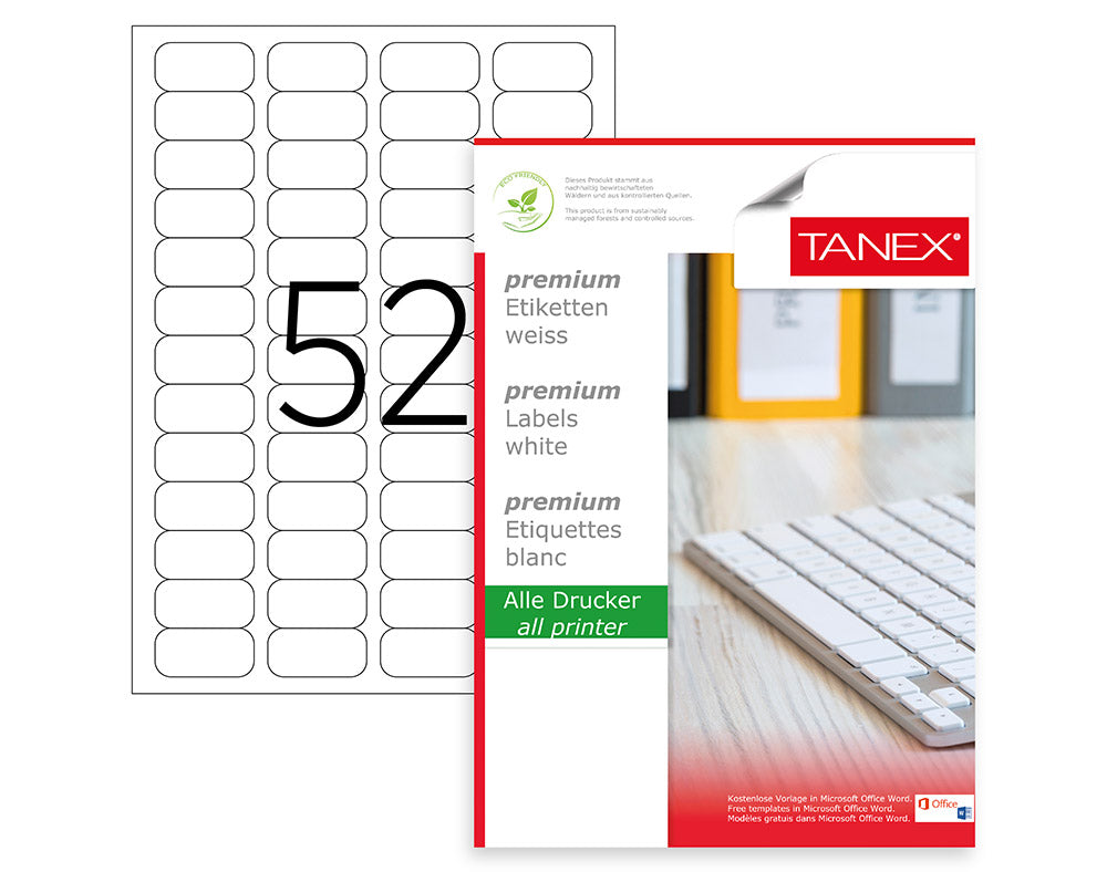 Tanex TW-2052 A4 Lazer Etiket 46,4x21,2 mm | 52'li 100 Sayfa
