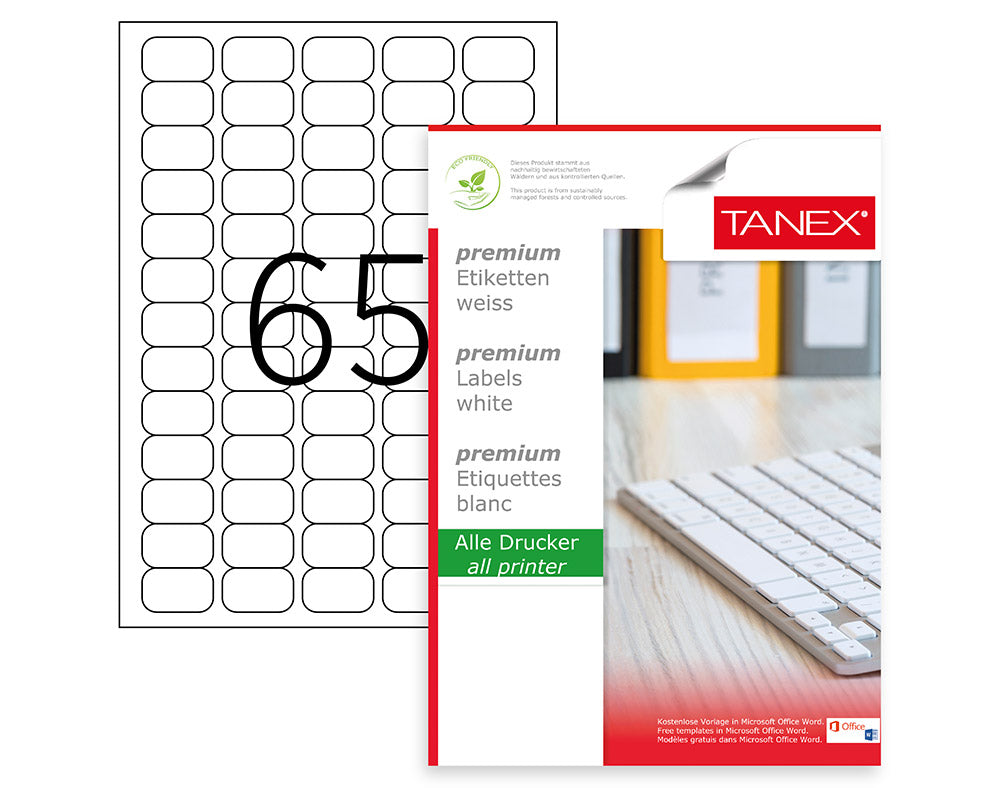 Tanex TW-2065 A4 Lazer Etiket 38,1x21,2 mm | 65'li 100 Sayfa
