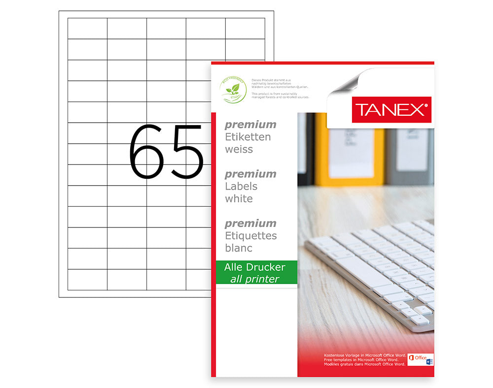 Tanex TW-2165 A4 Lazer Etiket 38,1x21,2 mm | 65'li 100 Sayfa