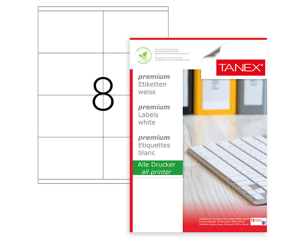 Tanex TW-2208 A4 Lazer Etiket 105x70 mm | 8'li 100 Sayfa