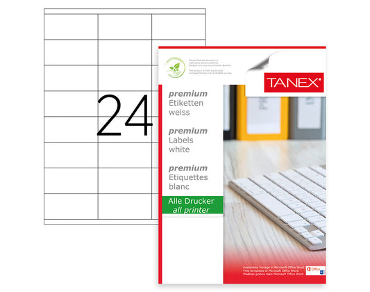 Tanex TW-2736 A4 Lazer Etiket 70x36 mm | 24'lü 100 Sayfa