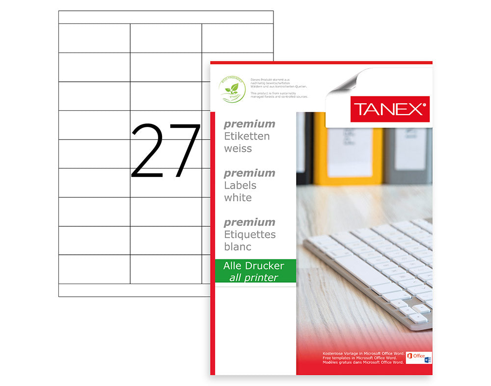 Tanex TW-2327 A4 Lazer Etiket 70x30 mm | 27'li 100 Sayfa