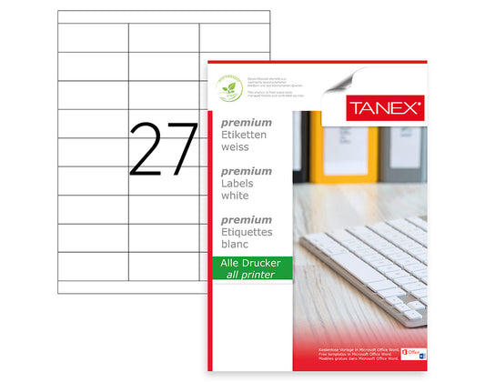 Tanex TW-2327 A4 Lazer Etiket 70x30 mm | 27'li 100 Sayfa